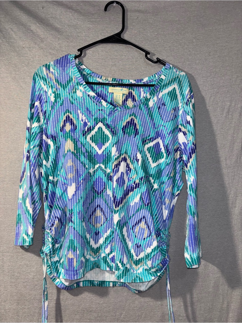 Caribbean Joe Blue Teal Patterned Drawstring Long-Sleeve Top
